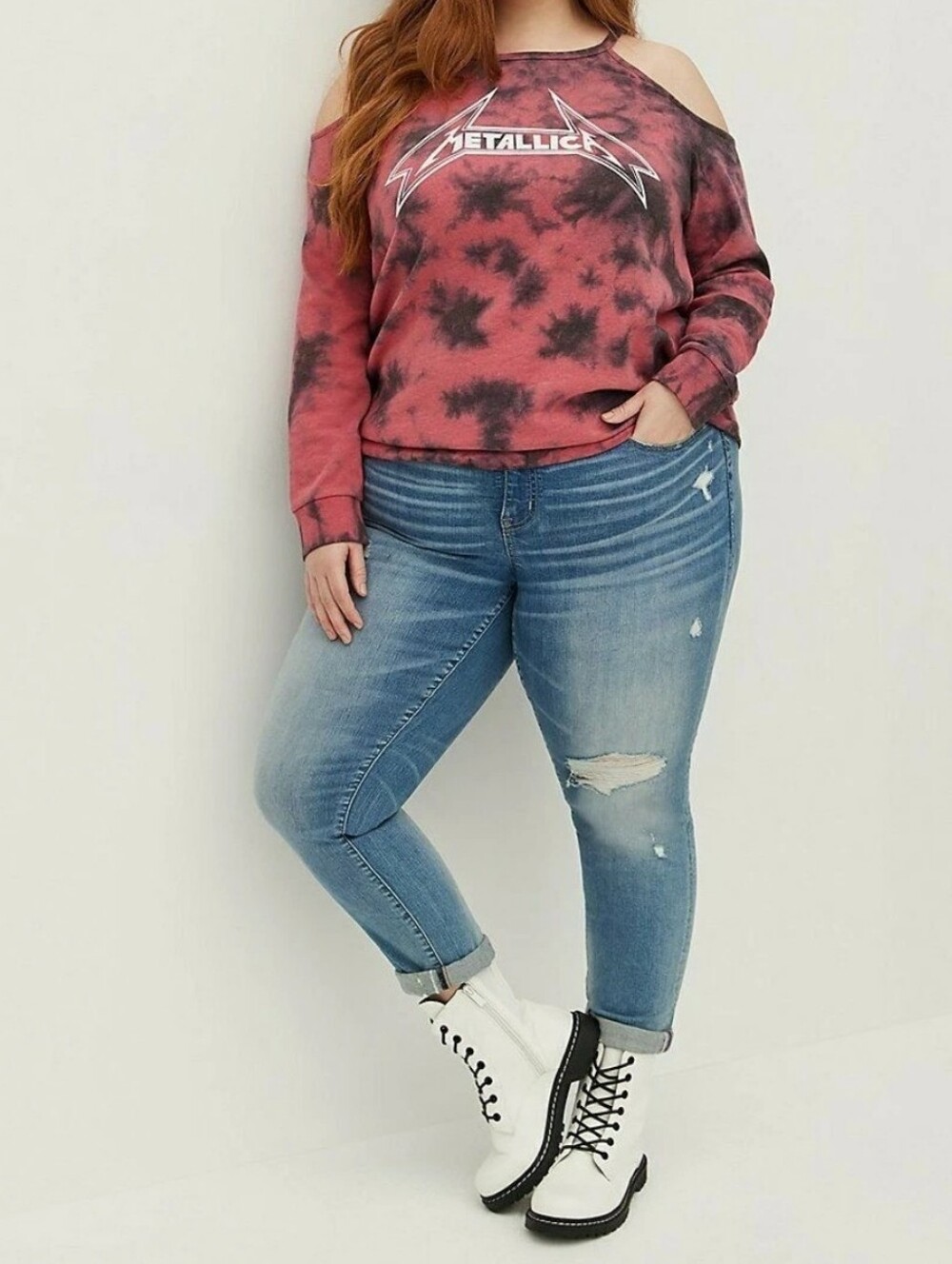 NWT! TORRID Metallica Red Wash Cold Shoulder Terry Sweatshirt